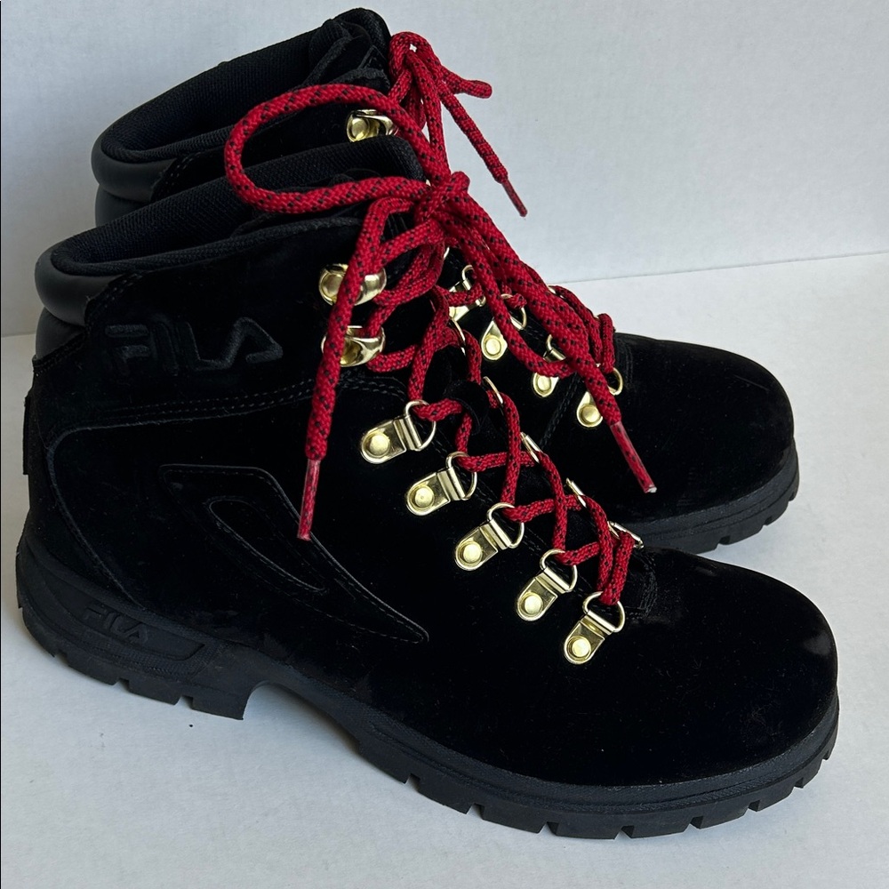 FILA Women's Black Combat Boots with Red Accents